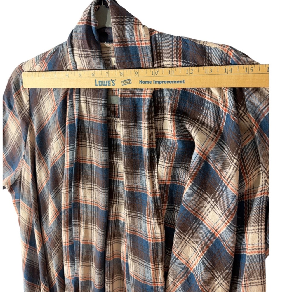 En Creme Medium Plaid Fringe Cardigan Waterfall Kimono Blue Cream Boho Western - Picture 7 of 11